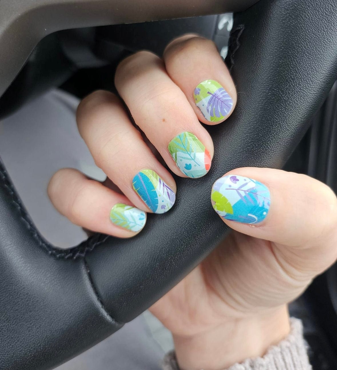 Holy Classics non-UV nail wraps with tropical leaf print in blue, green and purple tones