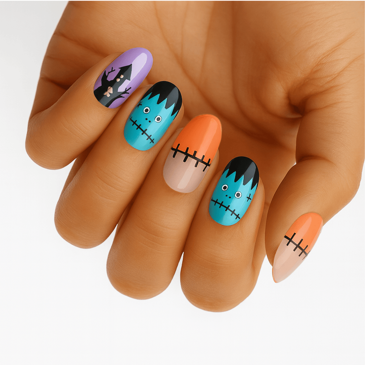 Halloween nail wraps on hand featuring Frankenstein faces, haunted houses, and stitched patterns in turquoise and purple