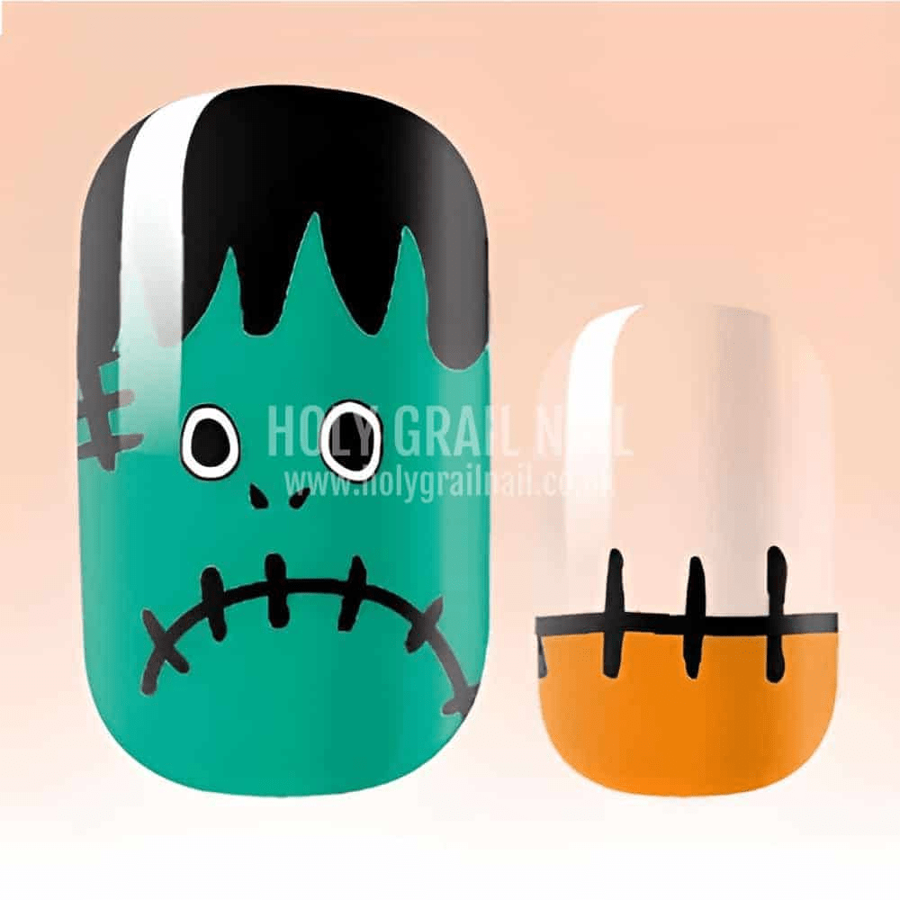 Close-up Halloween nail art wraps featuring cute Frankenstein monster face with stitched mouth design