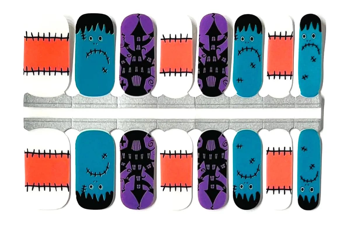 Non-UV Halloween nail wraps sheet showing Frankenstein monster, haunted house, and stitched design patterns