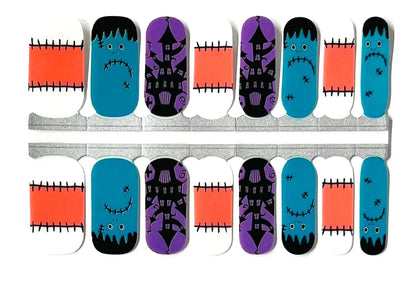 Non-UV Halloween nail wraps sheet showing Frankenstein monster, haunted house, and stitched design patterns