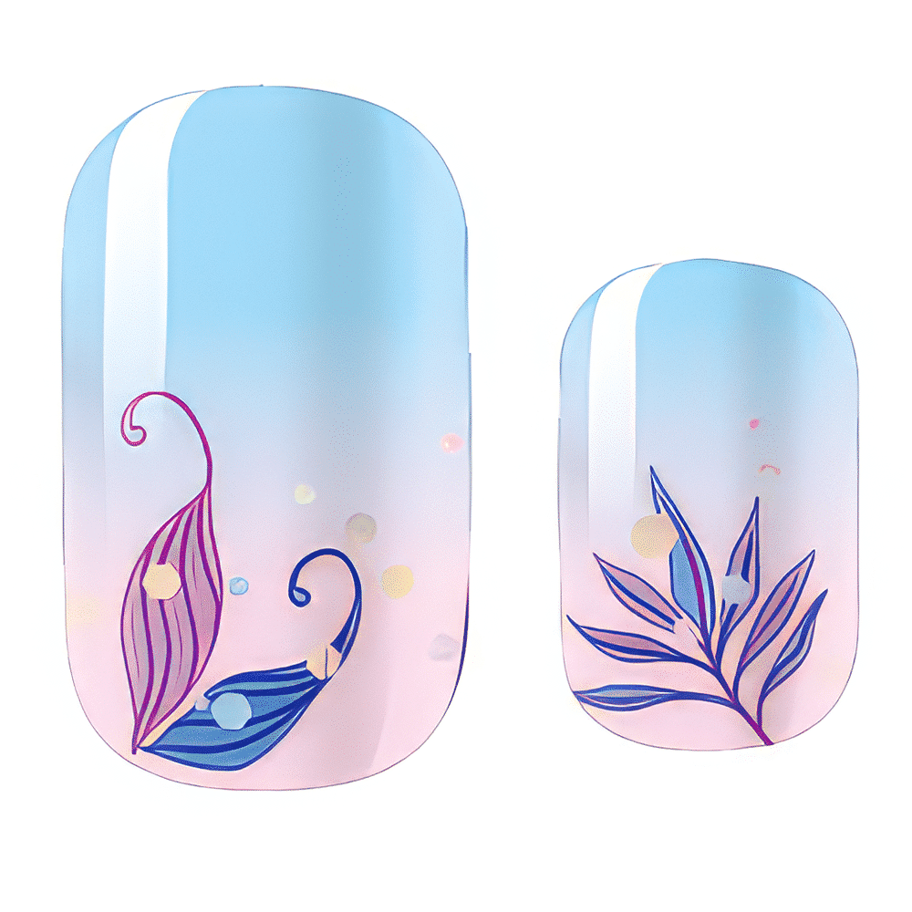 Non-UV nail wraps featuring purple leaf patterns on blue pink ombre gradient background