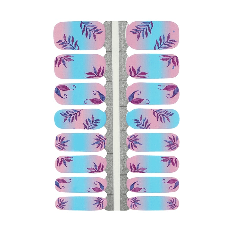 Complete sheet of botanical nail wraps with purple leaf patterns on gradient background