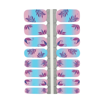 Complete sheet of botanical nail wraps with purple leaf patterns on gradient background