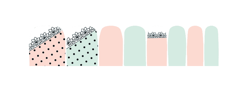 Pink and mint green pedicure nail wraps with polka dots and lace pattern design