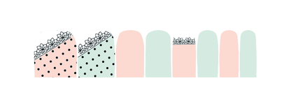 Pink and mint green pedicure nail wraps with polka dots and lace pattern design