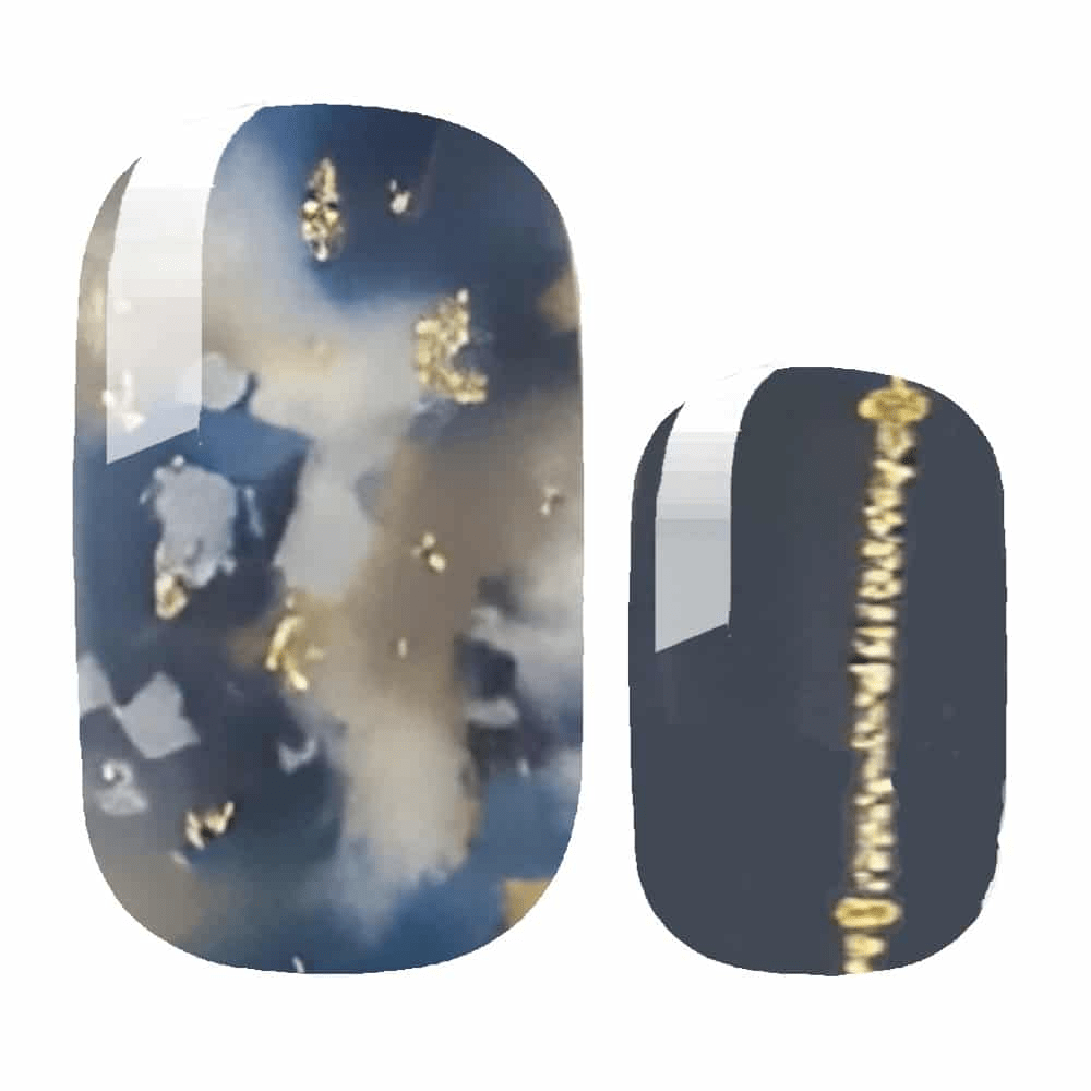 Blue marble nail wraps with gold foil metallic abstract design
