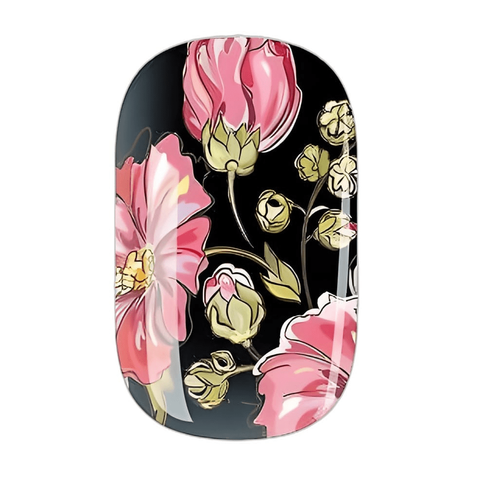 Single dark floral nail wrap with pink and gold flowers on black background