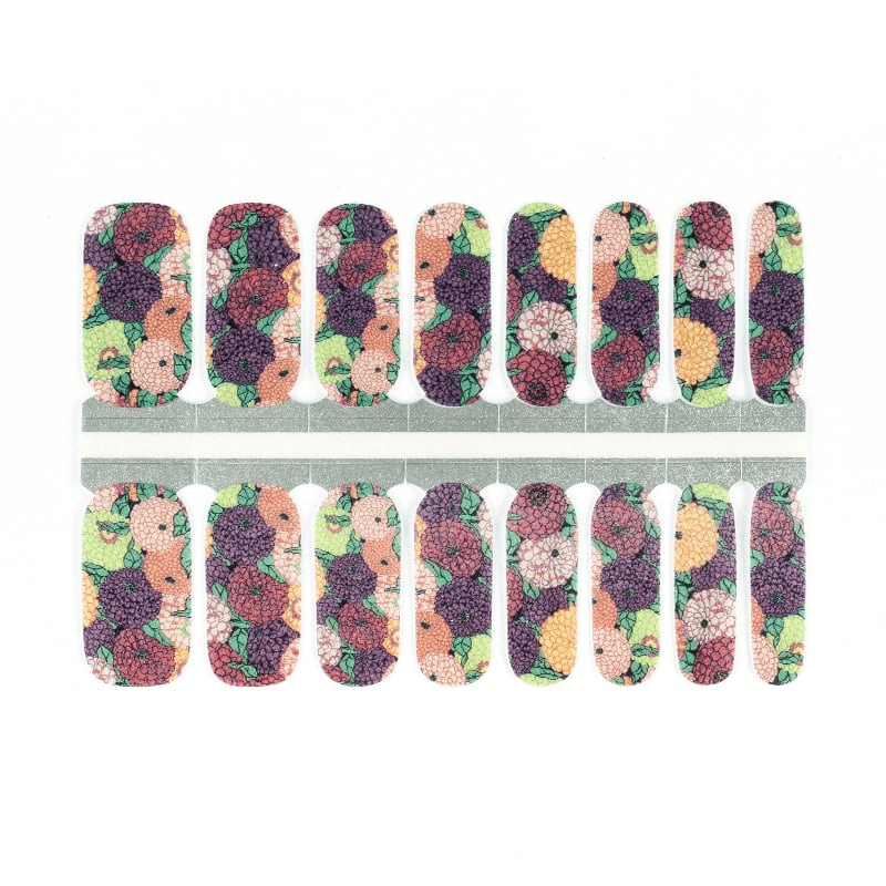 Complete set of geranium floral nail wraps showing multicoloured botanical vintage pattern