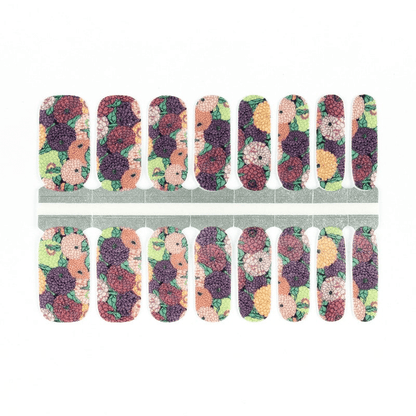 Complete set of geranium floral nail wraps showing multicoloured botanical vintage pattern