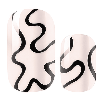 Nude glossy nail wraps with bold black abstract swirl line design