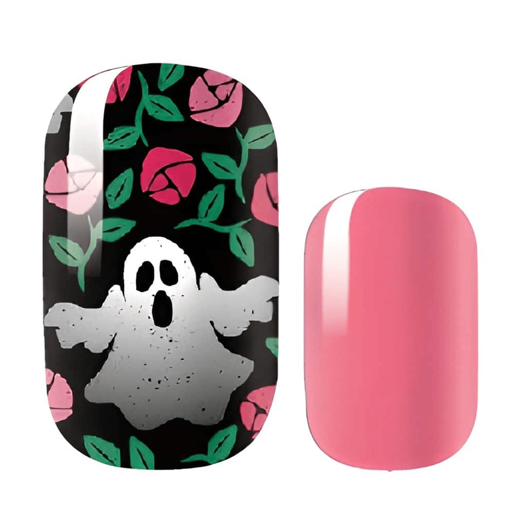 Glow in the dark ghost nail wraps with pink roses on black background