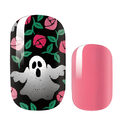 Glow in the dark ghost nail wraps with pink roses on black background