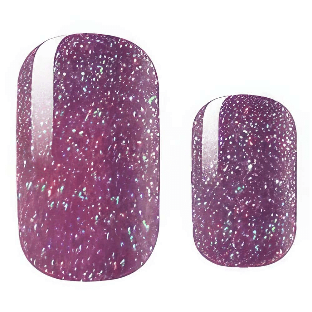 Purple glitter nail wraps with holographic sparkle finish for galaxy-inspired at-home manicure