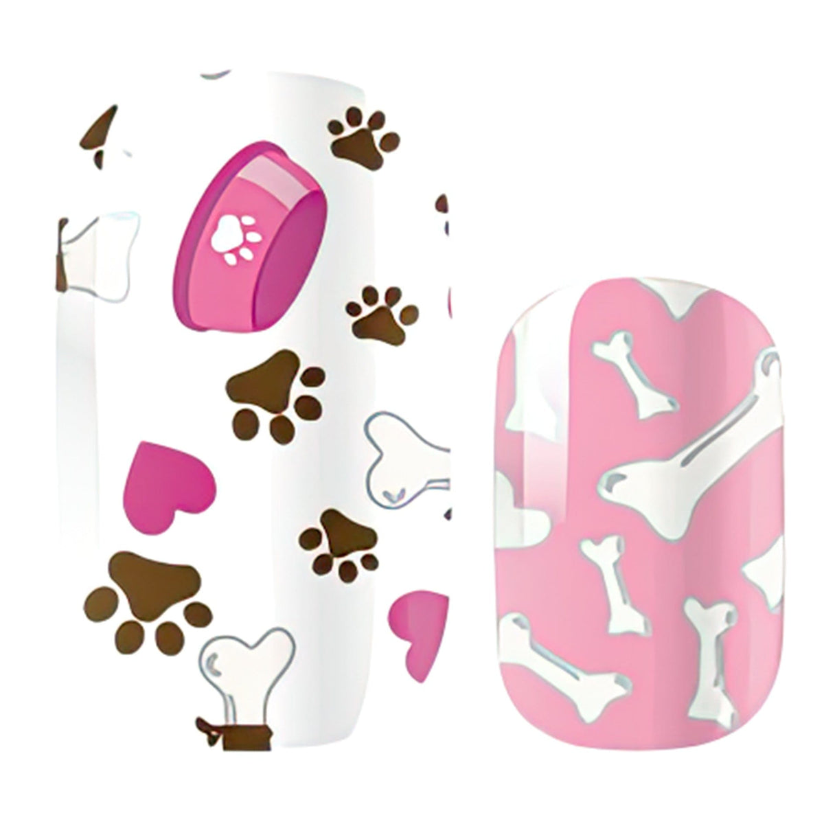 Dog lover nail art featuring pink bones and brown paw prints on white background