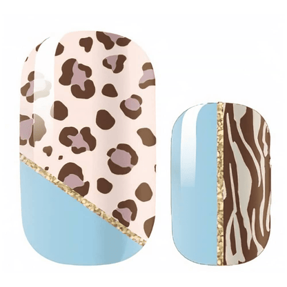Blue and brown leopard print nail wraps with gold glitter accent stripes