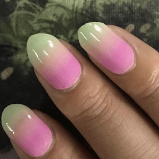 Glossy nail wraps with sage green to pink ombré gradient, almond shape