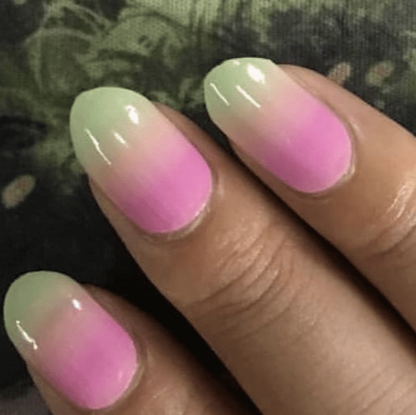 Glossy nail wraps with sage green to pink ombré gradient, almond shape