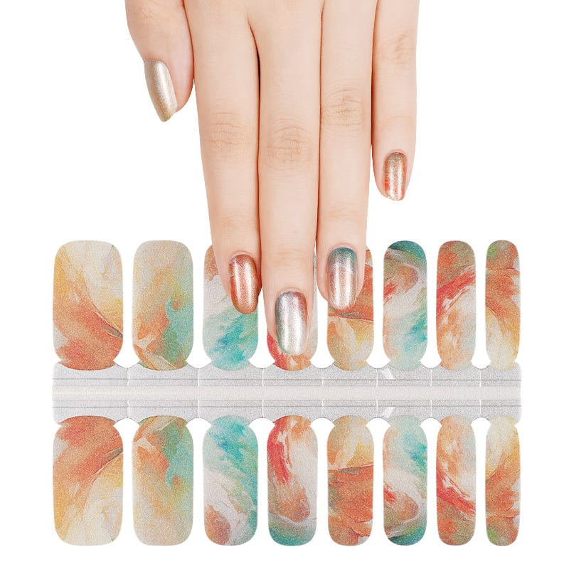 Marble effect nail wraps in coral and teal colours with matching hand manicure