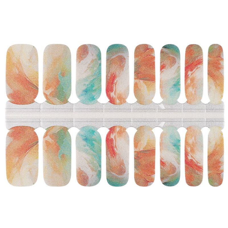Marble effect nail wraps in warm orange green gold swirl pattern