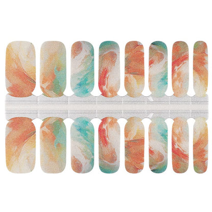 Marble effect nail wraps in warm orange green gold swirl pattern