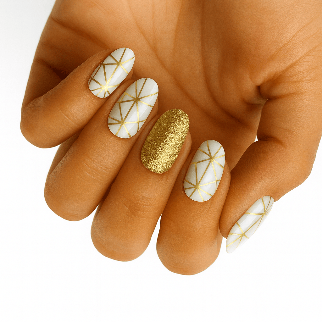 White nail wraps with gold geometric star pattern and glitter accent nail