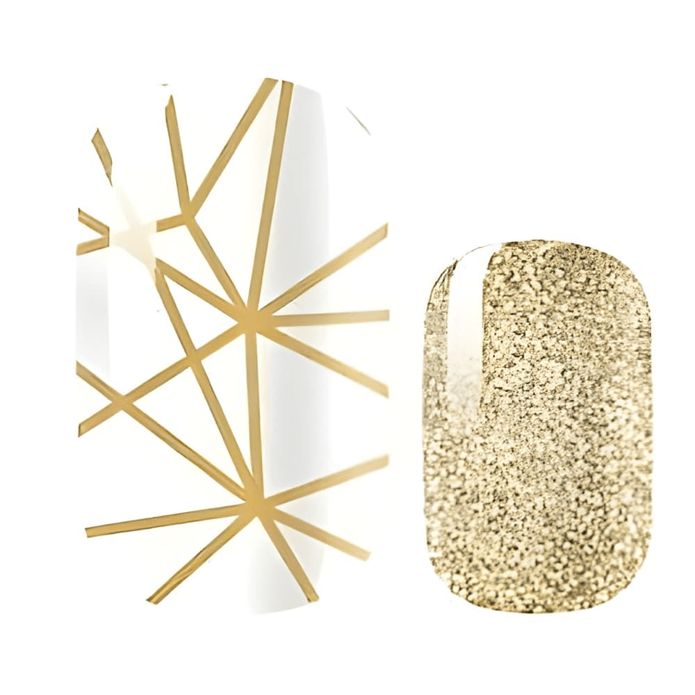 Gold glitter and white geometric star pattern nail wrap designs close-up