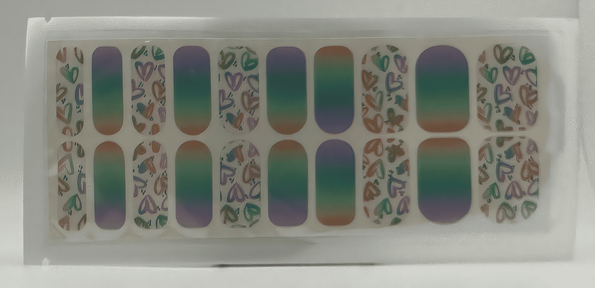Wide fit nail wraps featuring purple green gradient and mixed abstract leopard patterns