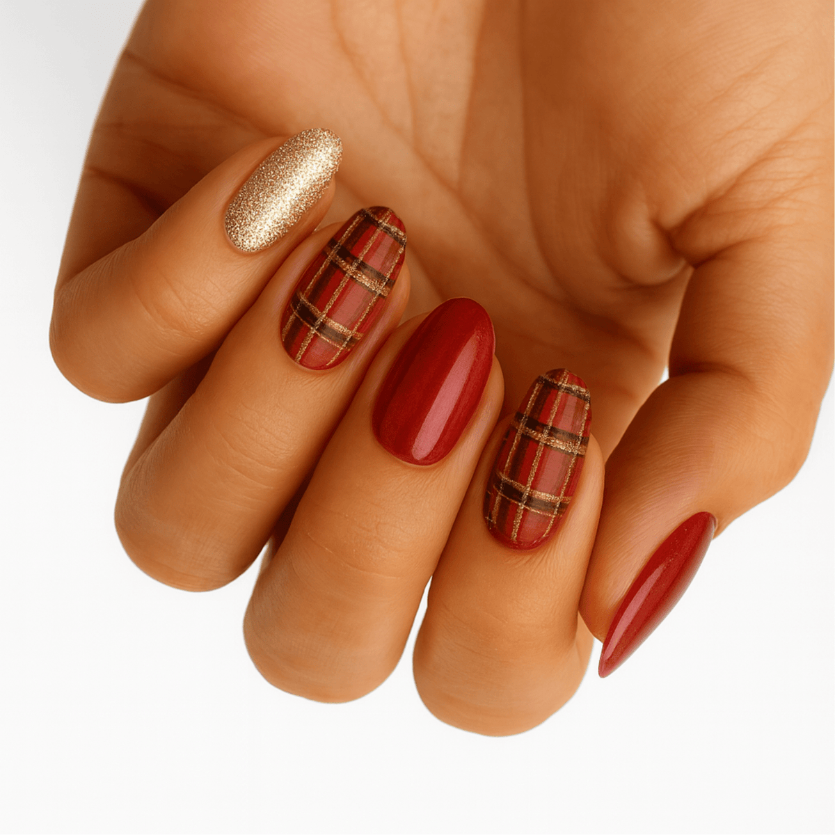 Red tartan and plaid nail wraps with gold glitter accent nail, glossy burgundy finish