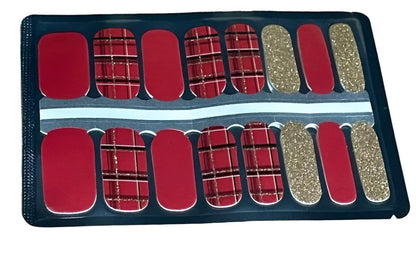 Scottish tartan nail wraps sheet showing red plaid and gold glitter pattern designs