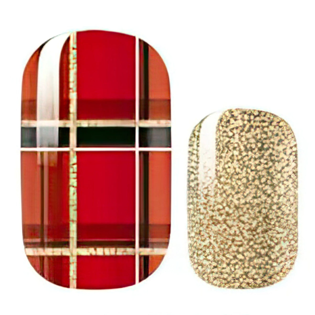 Red tartan plaid and gold textured nail wrap designs for Christmas manicure