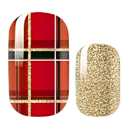 Red tartan plaid and gold textured nail wrap designs for Christmas manicure