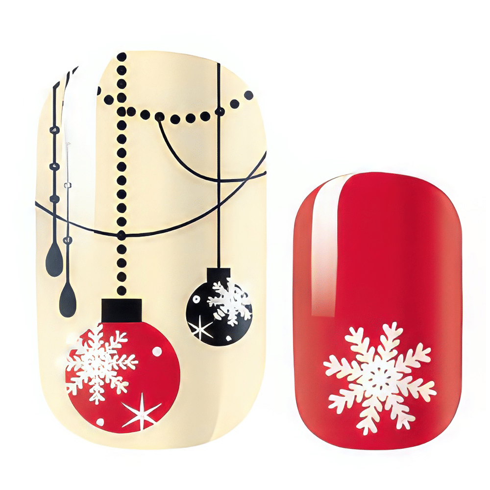 Christmas nail wraps with red baubles, snowflakes and festive ornament designs on cream base