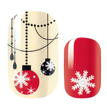 Christmas nail wraps with red baubles, snowflakes and festive ornament designs on cream base