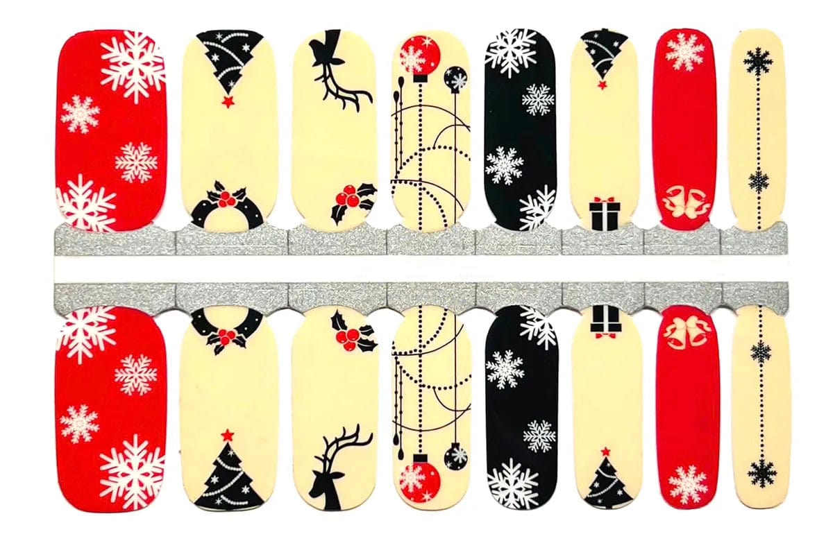 Christmas nail wraps sheet displaying festive snowflakes, baubles, reindeer and holiday motifs in red black cream