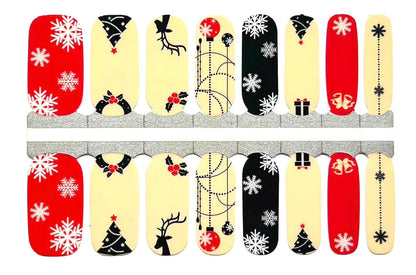 Christmas nail wraps sheet displaying festive snowflakes, baubles, reindeer and holiday motifs in red black cream
