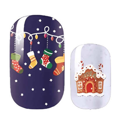 Navy blue Christmas nail wraps with festive stockings and gingerbread house designs