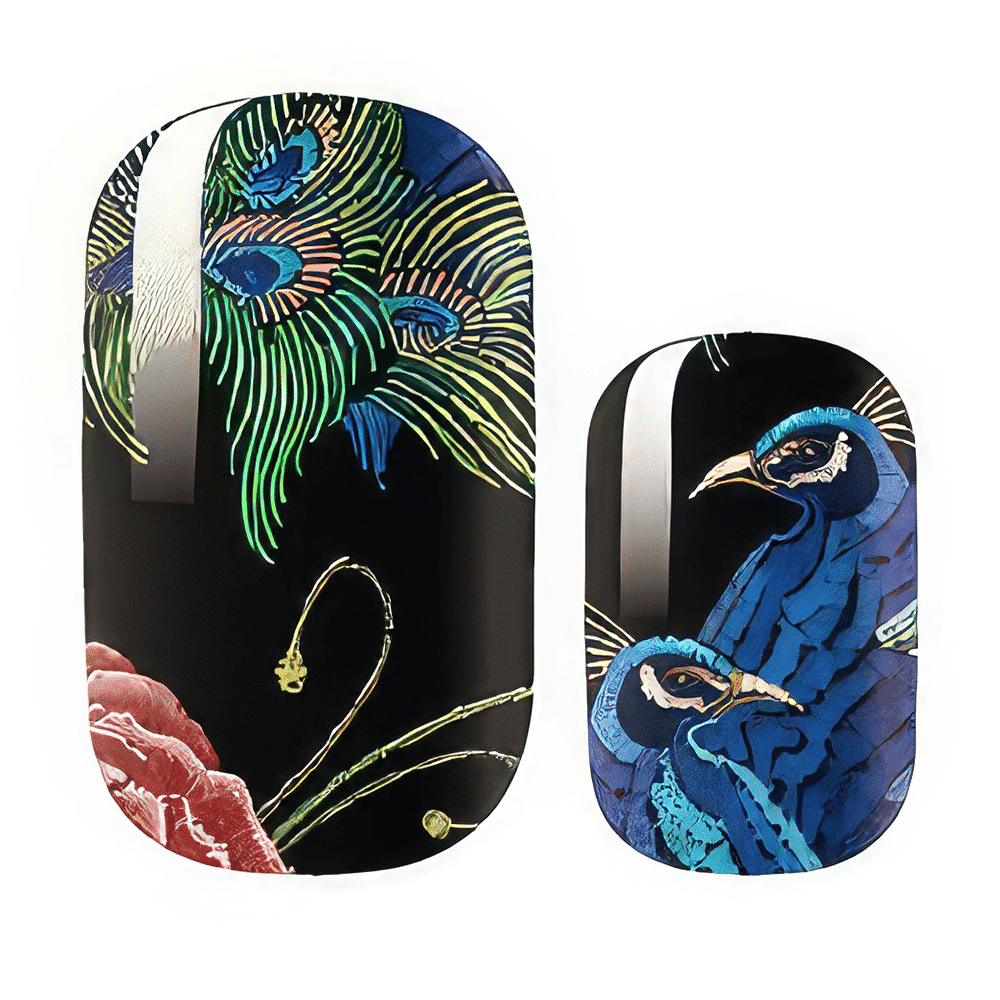 Peacock feather nail wraps with blue and green artistic design on black background
