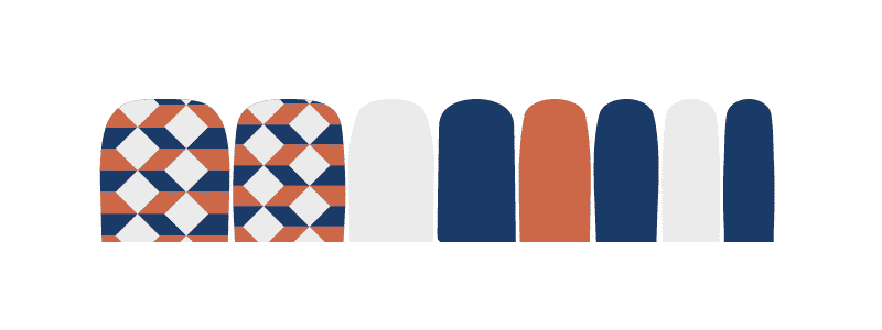 Harlequin patterned pedicure nail wraps showing geometric design in blue and orange
