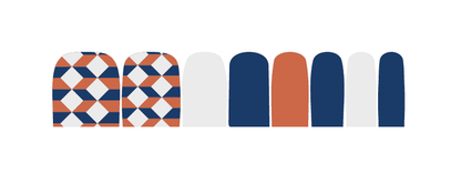 Harlequin patterned pedicure nail wraps showing geometric design in blue and orange