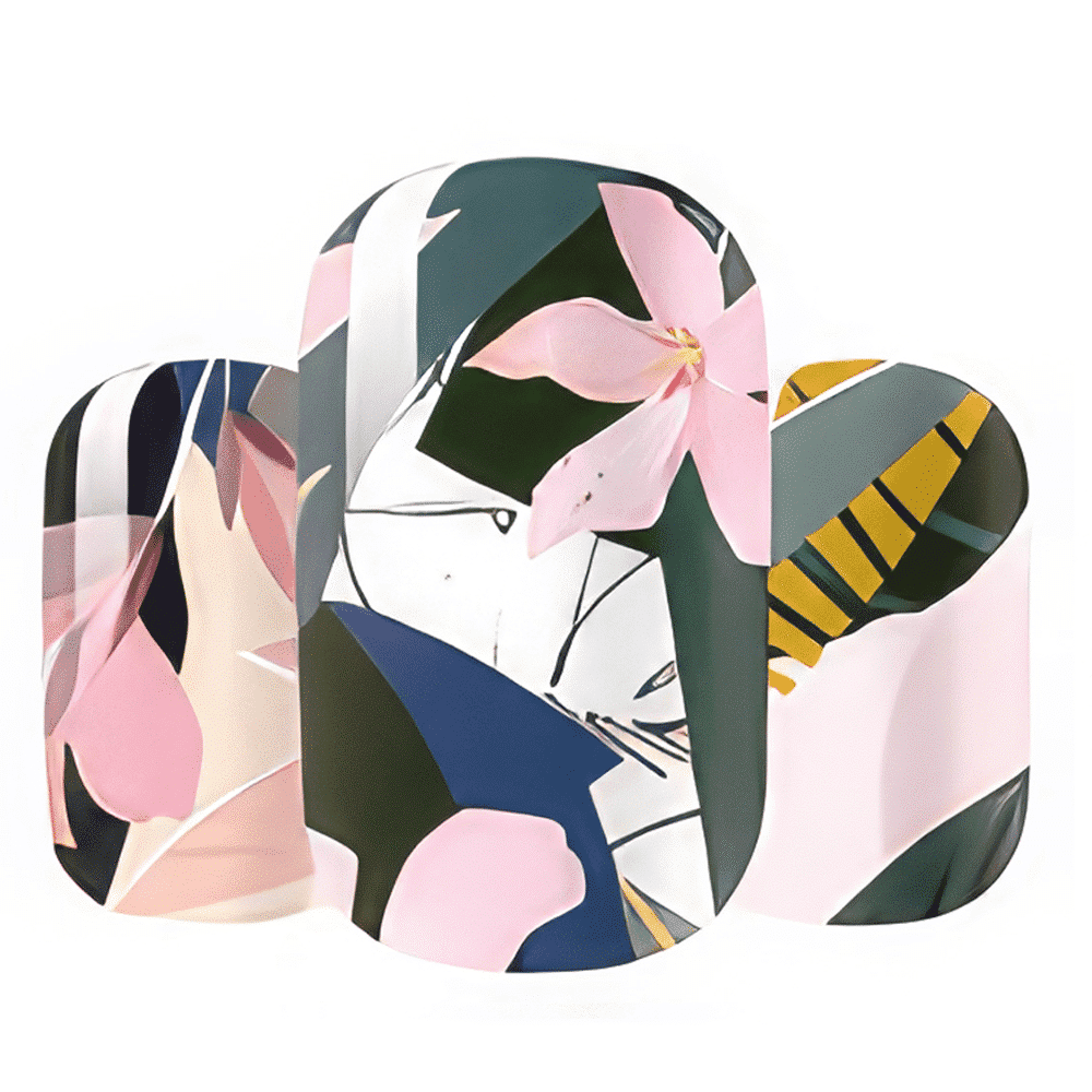 Abstract floral nail art design featuring pink flowers and grey leaves pattern