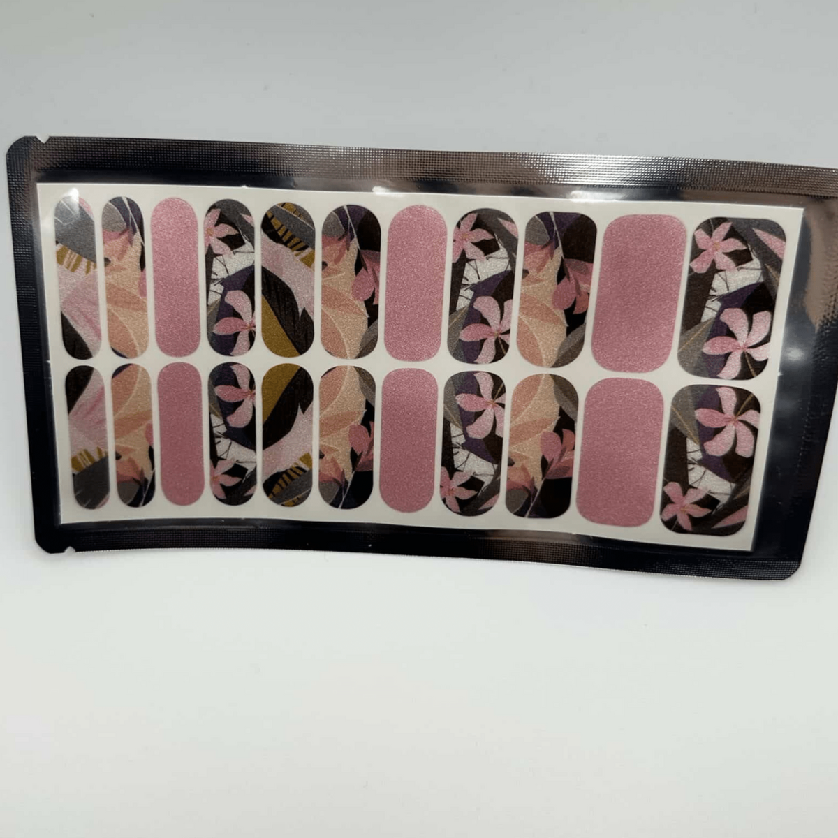 Pink and grey floral nail wrap sheet with botanical leaf design wide fit