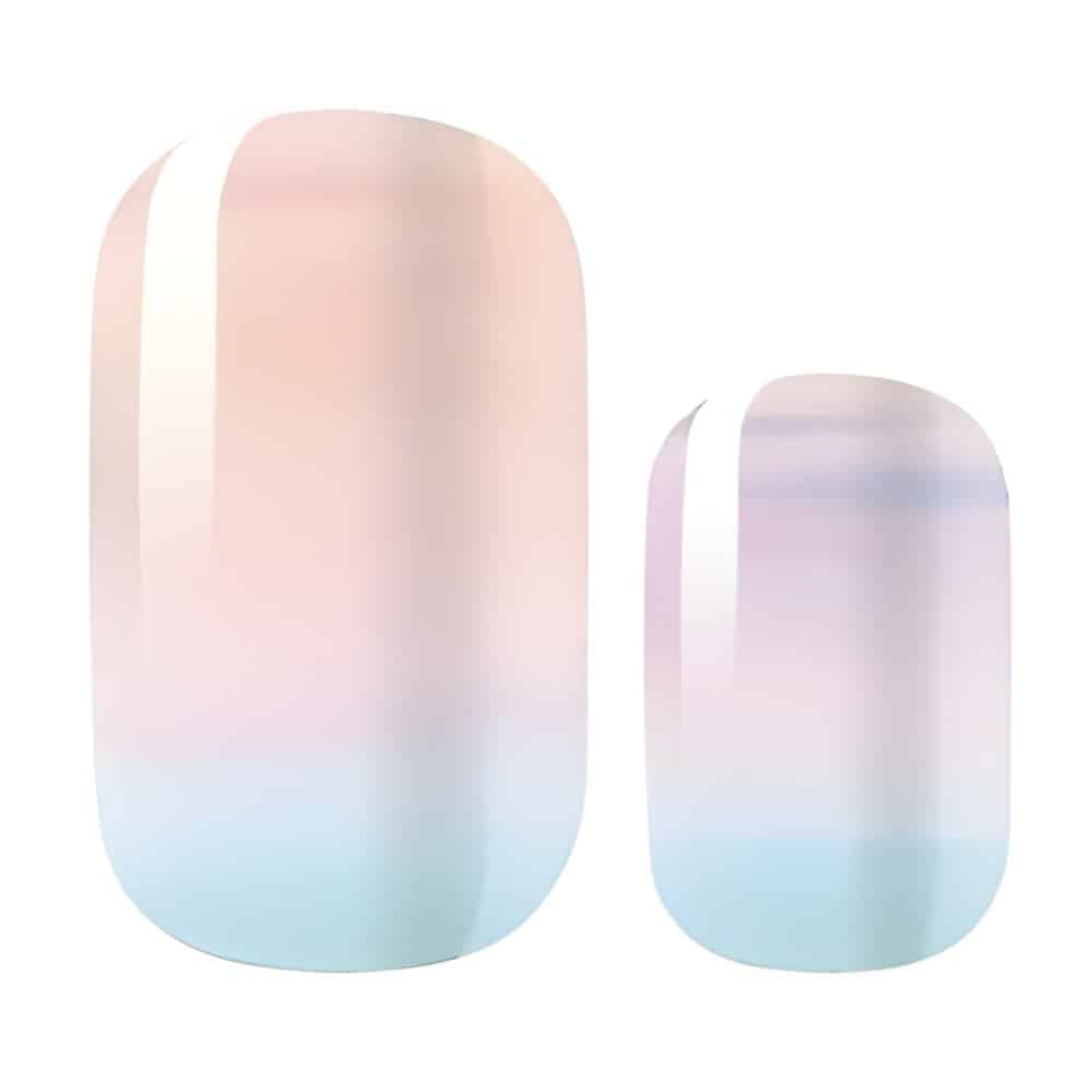 Blue to pink ombre gradient nail wraps showing pastel manicure design