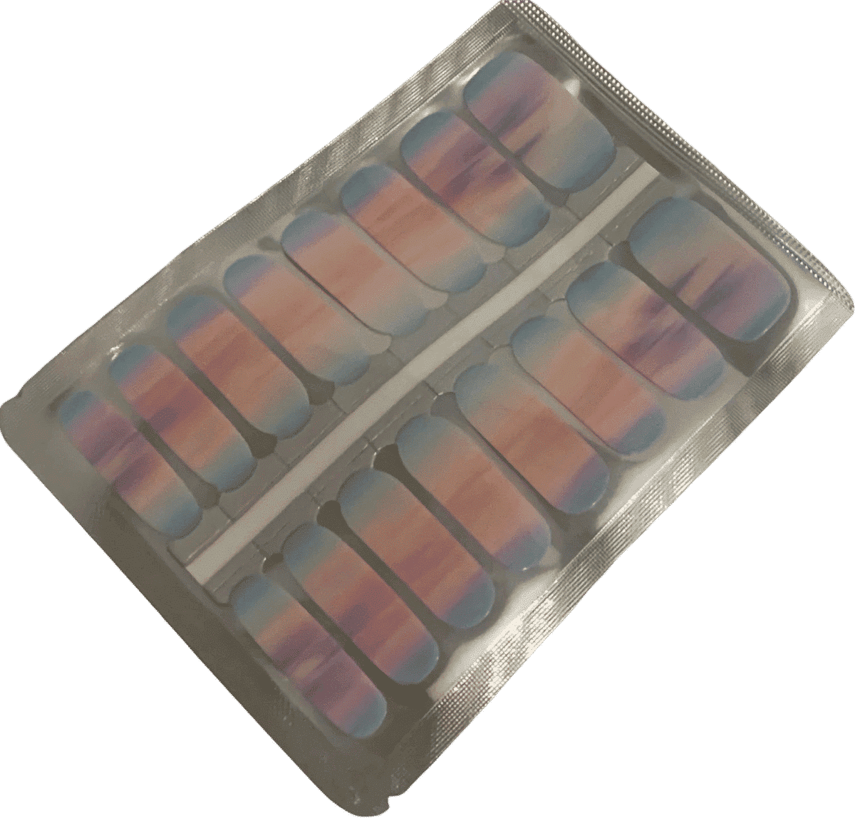 Non-UV nail wraps packaging showing pink blue gradient ombre design strips