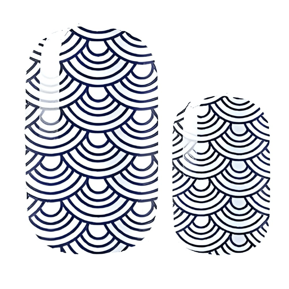 Navy blue geometric nail wraps with art deco wave scale pattern design
