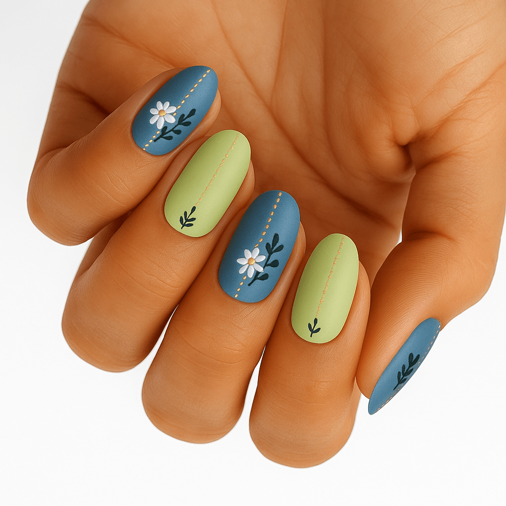 Blue and sage green nail wraps with white floral botanical designs on hand