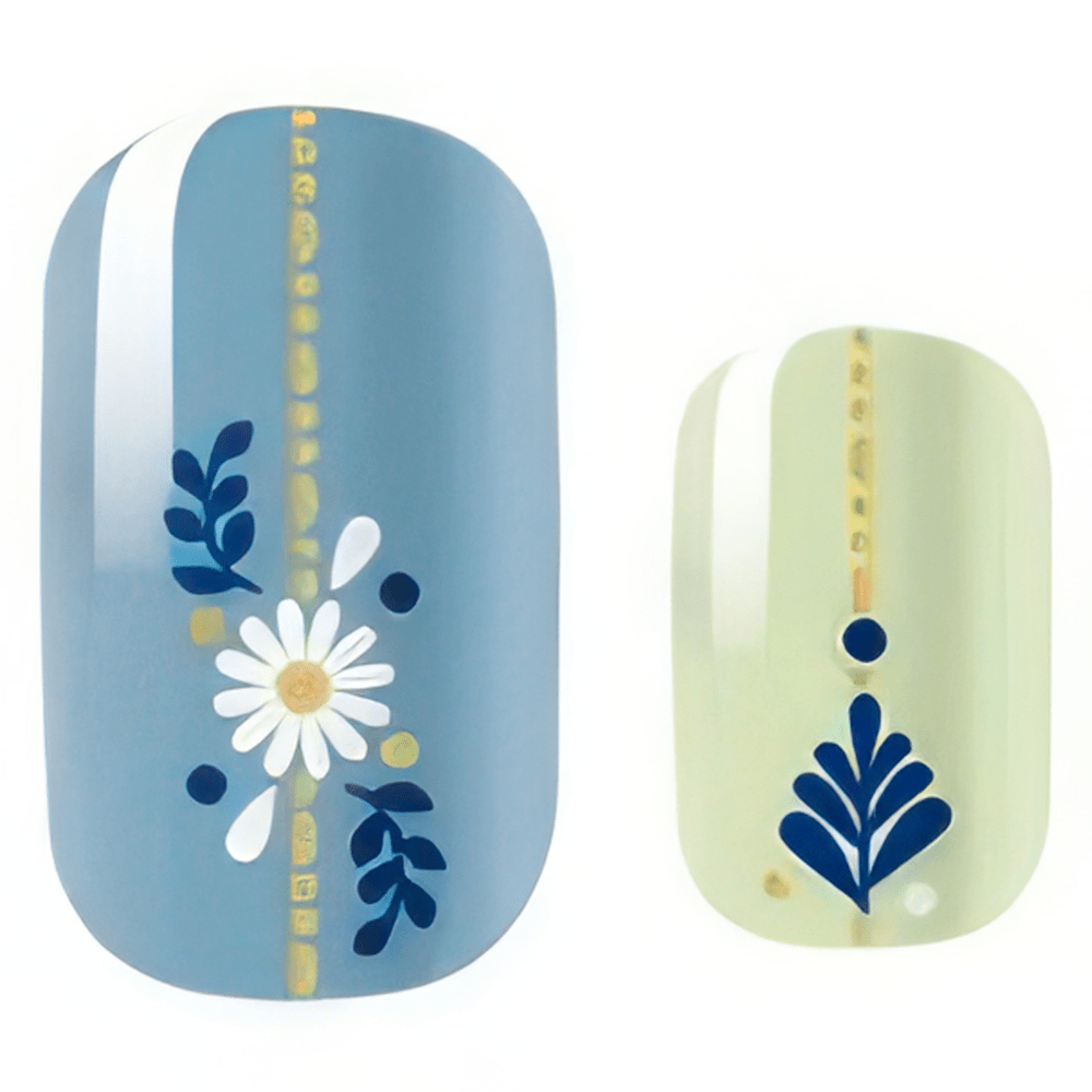 Blue and sage green non-UV nail wraps featuring white daisy and botanical folk art designs