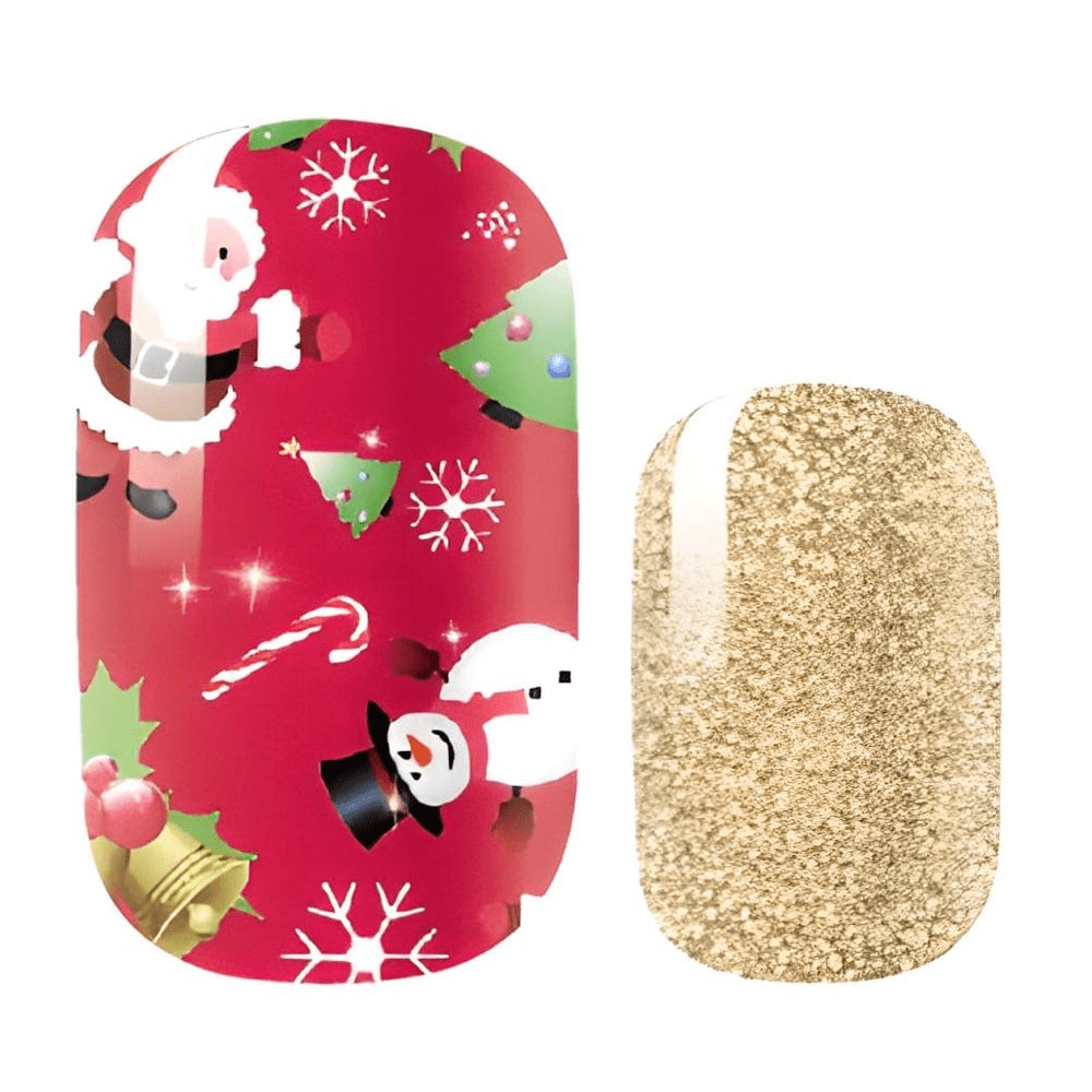 Red Christmas nail wraps with Santa, snowmen and gold glitter design for festive manicure