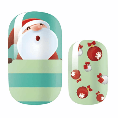 Christmas nail wrap designs showing Santa face and red bauble patterns on green