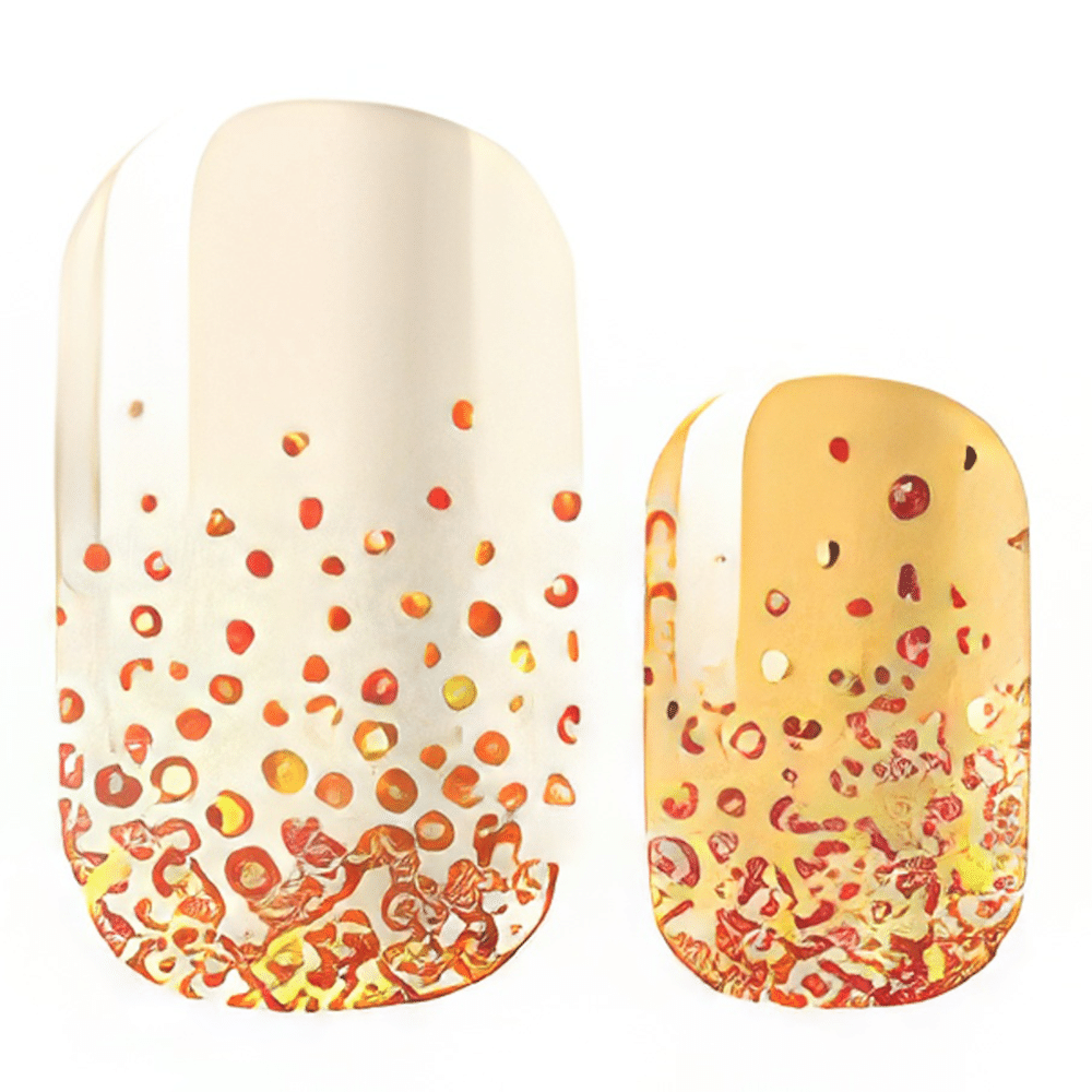 Cream and orange gradient nail wraps with gold glitter dots and textured design